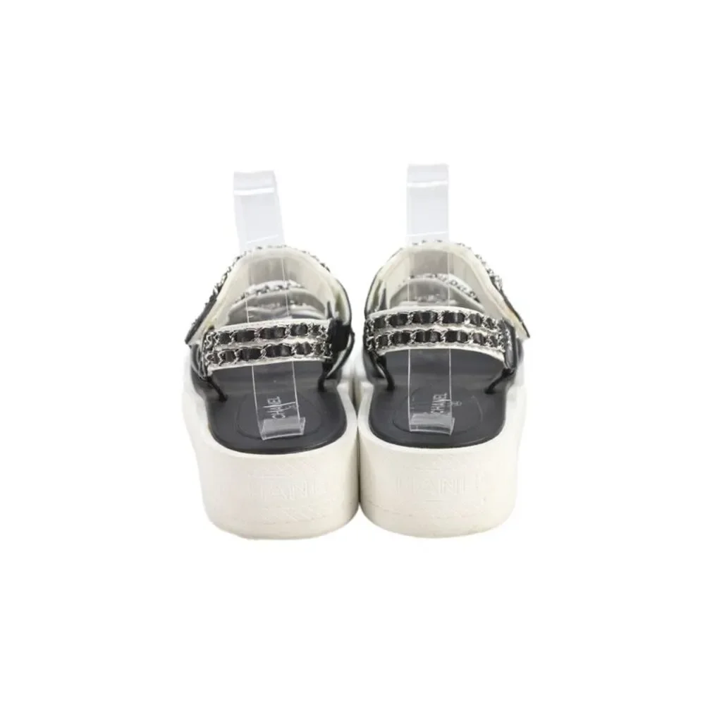 Chanel Womens Black White Chain Link CC Logo Detail Dad Sandals Shoes 8.5